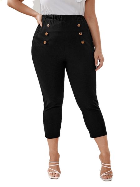 

plus high waist fake button skinny pants s8vw#, Black