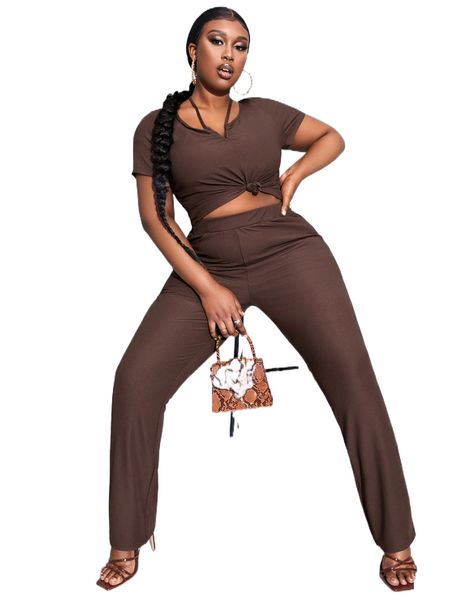 

sxy plus solid ruched tee & pants t4pq#, Black