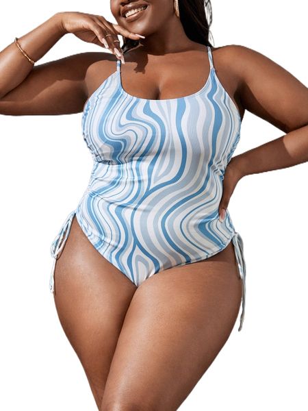 

plus allover print drawstring one piece swimsuit j0lw#, White;black