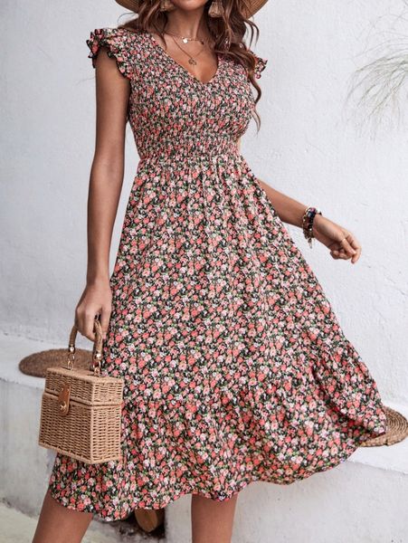 

ditsy floral print shirred ruffle trim dress b1oo#, Black;gray
