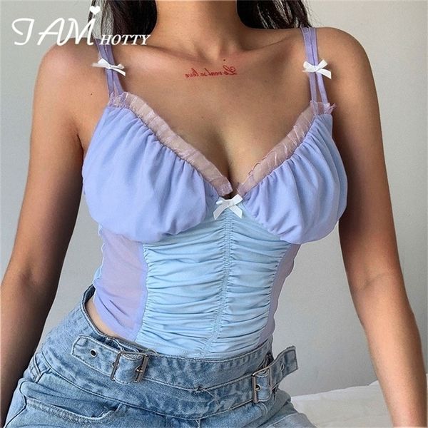 

iamty y2k mesh lace patchwork crop women harajuku bow solid backless camis ladies vintage casual fitness cute 210316, Black;white