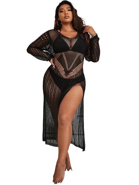 

plus hollow out slit thigh cover up dress without bikini set k5jy#, Black