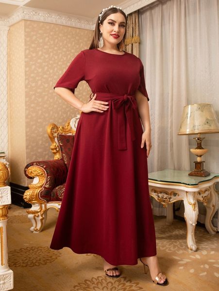 

plus solid belted maxi dress f2is#, Black