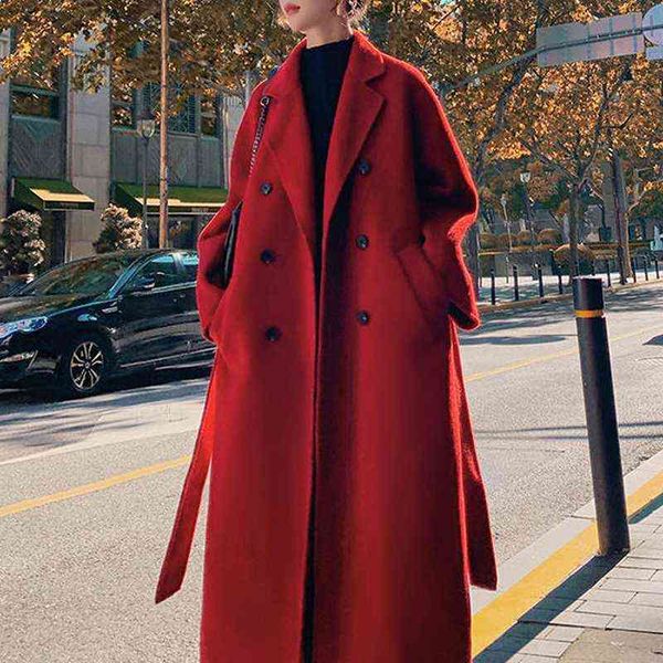 

red fashionable woolen coat women's autumn and winter 2021 temperament mid-length thick woolen long-sleeved women's jacket trend t, Black