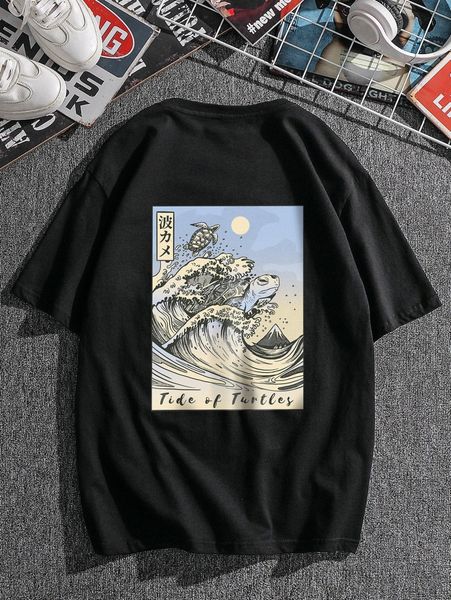 

men wave and japanese letter graphic tee i61x#, White;black