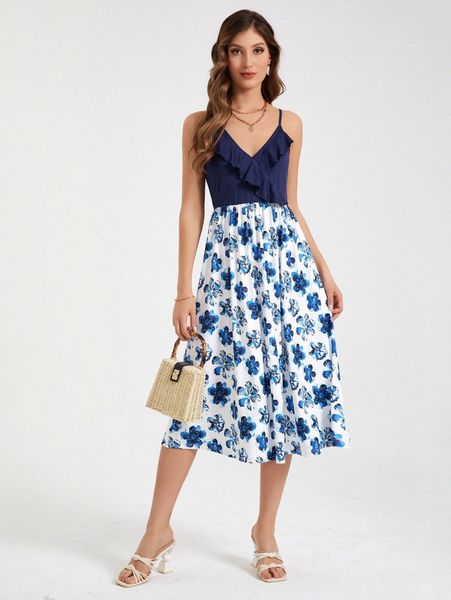 

floral print crisscross back ruffle trim cami dress e16t#, Black;gray