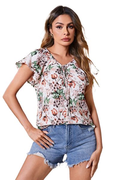

floral print knot front butterfly sleeve blouse g3jw#, White