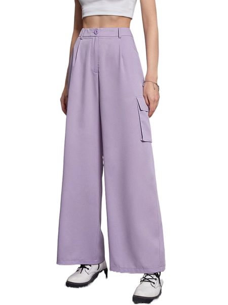 

flap pocket side wide leg pants h4ko#, Black;white