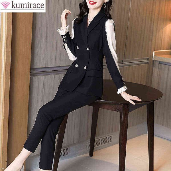

2022 summer new lace elegant women pants suit lotus sleeves blazer jacket casual pants two piece set female tracksuit j220813, White;black