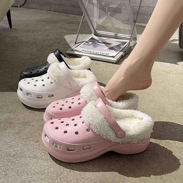 

sandals winter women slippers 5cm platform clogs warm hairy female fur indoor home cotton shoes plush slides 40 220623, Black