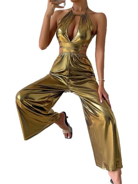 

cut out tie back halter neck metallic jumpsuit x9ao#, Black;white