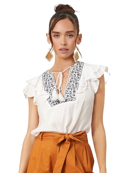 

floral embroidery tassel tie neck butterfly sleeve blouse 1765#, White
