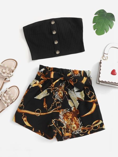 

girls tube & chain print paper bag waist shorts set she, White