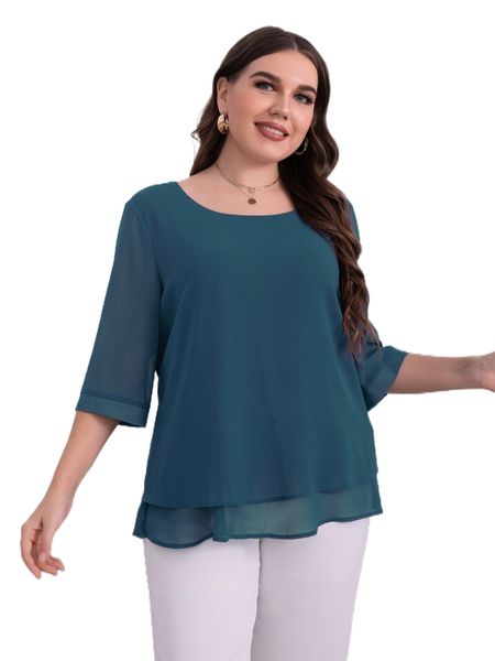 

plus solid layered hem blouse k7n0#, Black