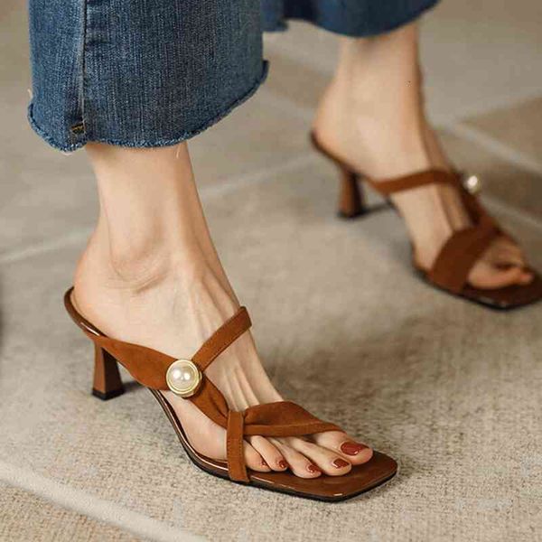 

slippers pearl high heels wear slippers women's summer french style square head open toe line sandals full leather thin shoes 33-40 xf3, Black