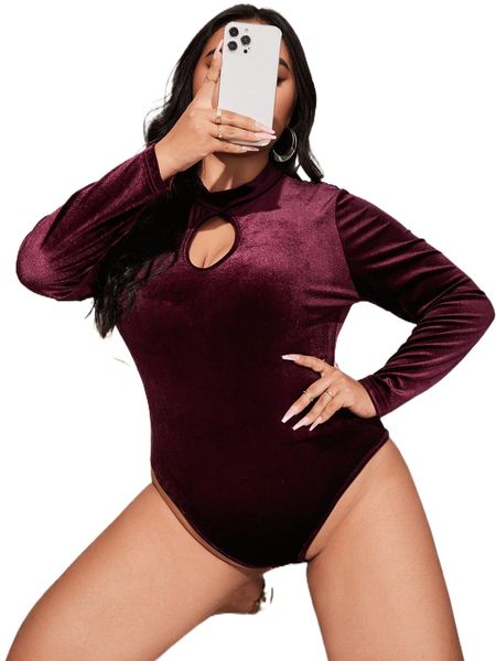 

plus keyhole neck velvet bodysuit e2jj#, Black
