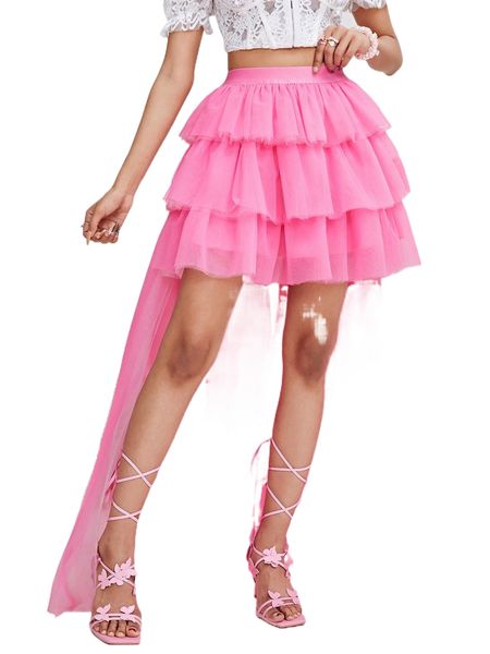 

layered ruffle asymmetrical hem mesh skirt u629#, Black