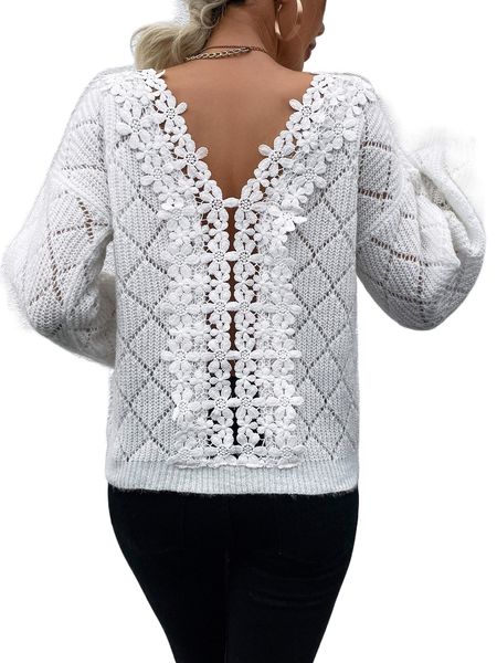 

guipure lace panel pointelle knit drop shoulder sweater g8zi#, White;black