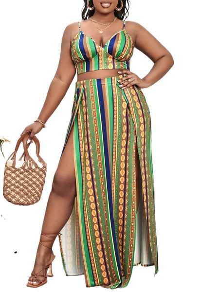 

sxy plus mixed striped cami & split thigh skirt set k7tf#, Black
