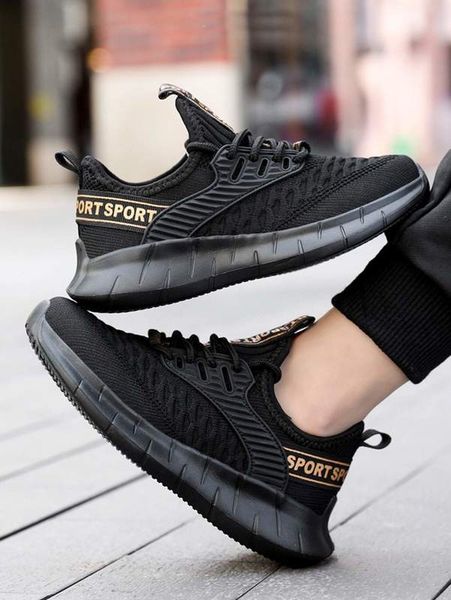 

boys letter tape decor lace-up front running shoes she, Black