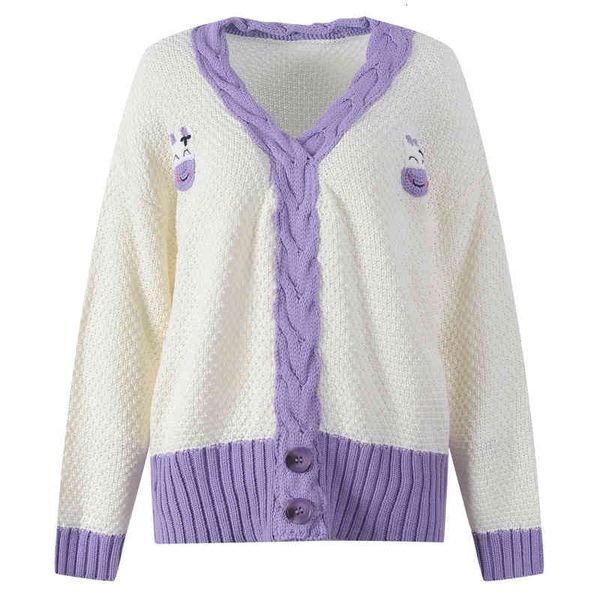 

women's knits tees autumn and winter v-neck cartoon pattern knitted cardigan women's white sweater purple edge cute style 0rnq