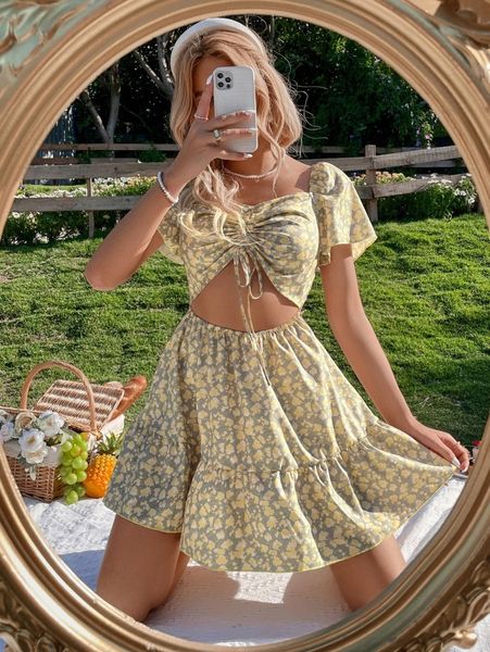 

ditsy floral cut out dress o6ln#, Black;gray