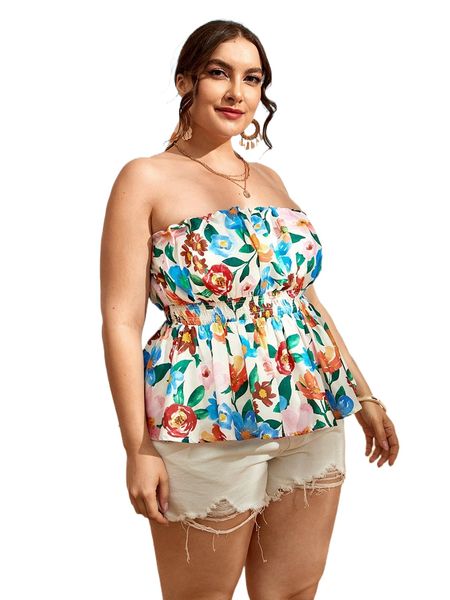 

plus floral print shirred waist peplum tube l9lo#, Black