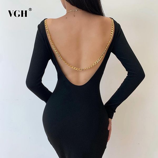 

backless patchwork chain dress for women o neck long sleeve high waist knitted dresses female fashion clothing fall 210507, Black;gray
