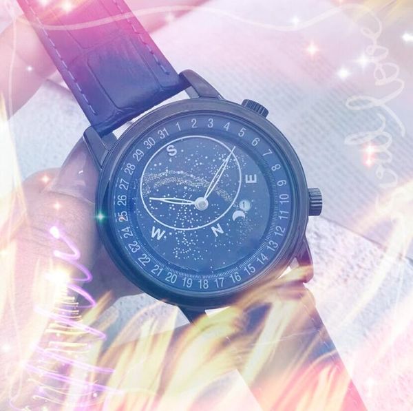Sky Blue Starry Data Automática Men observa a moda de luxo de couro de couro de aço quartzo movimento masculino tempo relógios de pulso presentes de natal do dia dos namorados