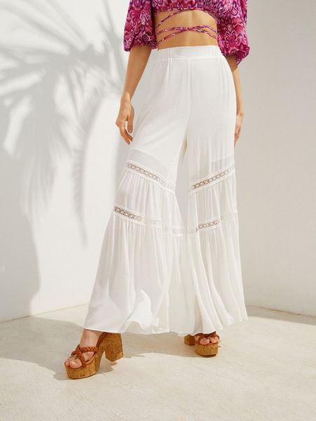 

solid fold pleated guipure lace wide leg pants m46s#, Black;white