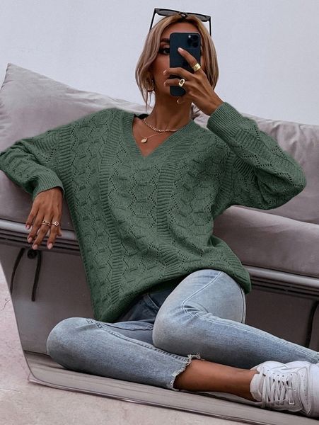 

drop shoulder pointelle knit sweater 48yp#, White;black