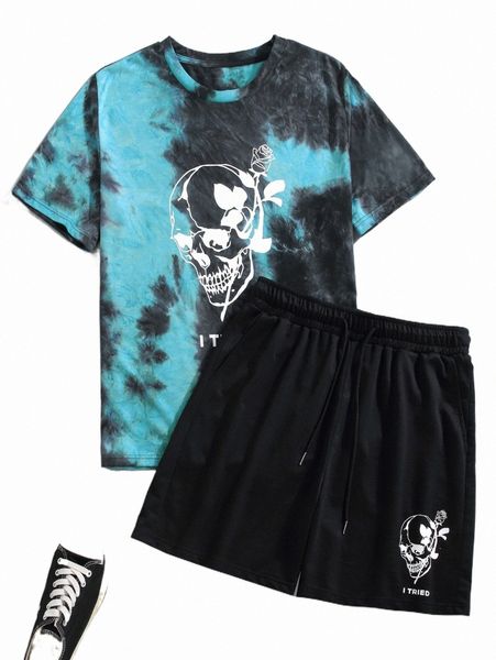 

men tie dye & skull print tee & shorts x7dp#, Gray