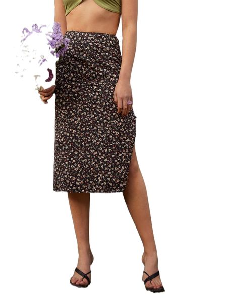 

high waist ditsy floral split thigh skirt n0ej#, Black
