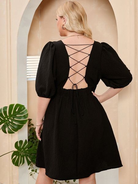 

plus square neck lace up backless puff sleeve dress s24h#, Black