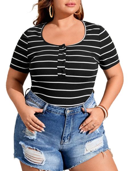 

plus striped half button tee m1vd#, Black