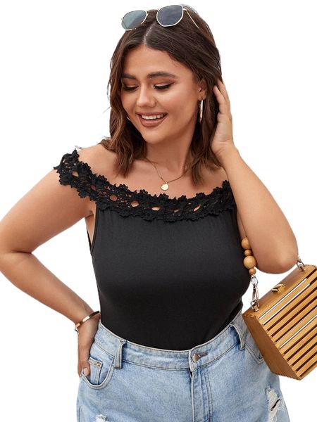

plus contrast guipure lace bardot bodysuit c3ip#, Black