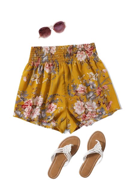 

plus floral print shirred waist shorts a83p#, Black