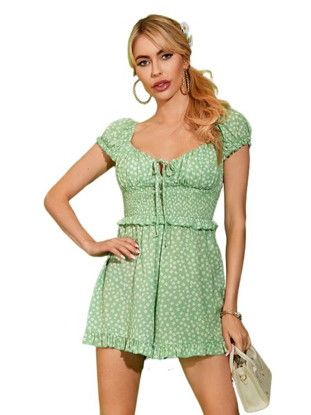 

ditsy floral print frill trim ruched bust shirred chiffon romper u1fx#, Black;white