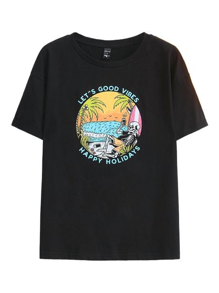 

x ramoniskull skeleton & slogan graphic drop shoulder tee v9iy#, White