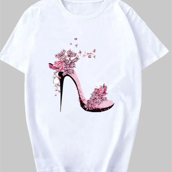 Kadın Yaz Kısa Kollu Çiçek Ayakkabı Moda Lady T-Shirt Üst T Gömlek Bayanlar Bayan Grafik Kadın Tee T-shirt 220321