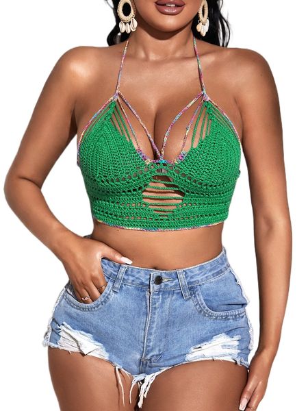 

sxy tie backless cut out crop halter knit 44nu#, White;black