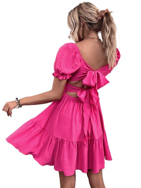 

puff sleeve tie backless ruffle hem a-line dress i4hu#, Black;gray