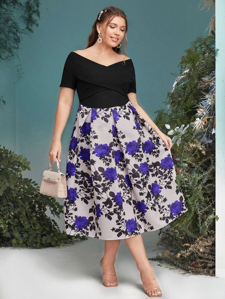 

plus floral print off shoulder fit and flare dress v2gy#, Black