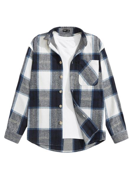 

men plaid collar button front pocket patched overcoat s8n7#, Black