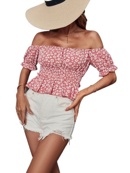 

floral print off shoulder shirred peplum blouse w0xe#, White