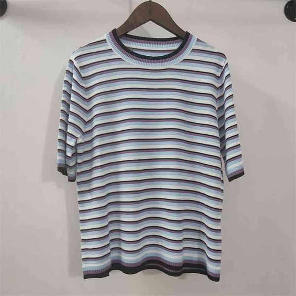 

women's knits tees xiaohe summer thin cotton texture color stripe white short sleeve sweater women's round neck t-shirt