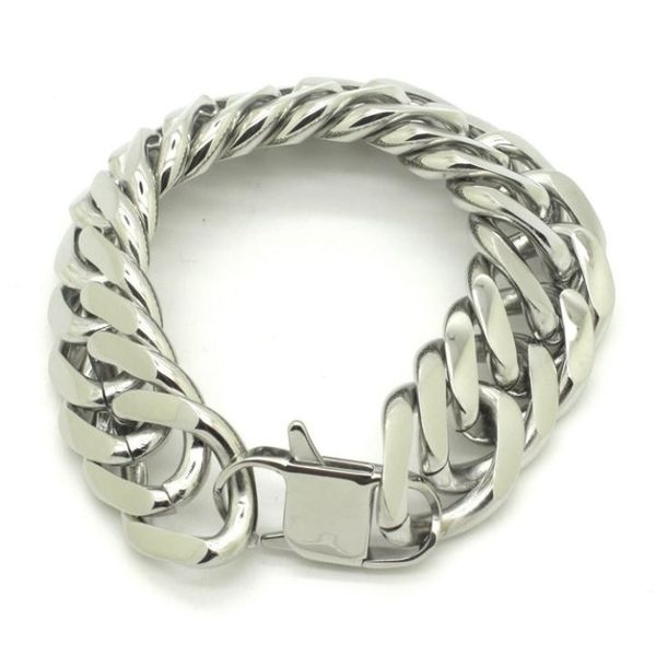 

silver tone link chain 316l stainless steel curb cuban bracelet mens boys jewelry 21mm wide, Black