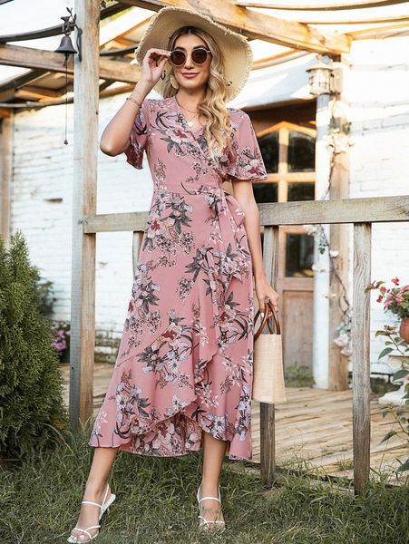 

floral flounce sleeve belted dress z5ul#, Black;gray