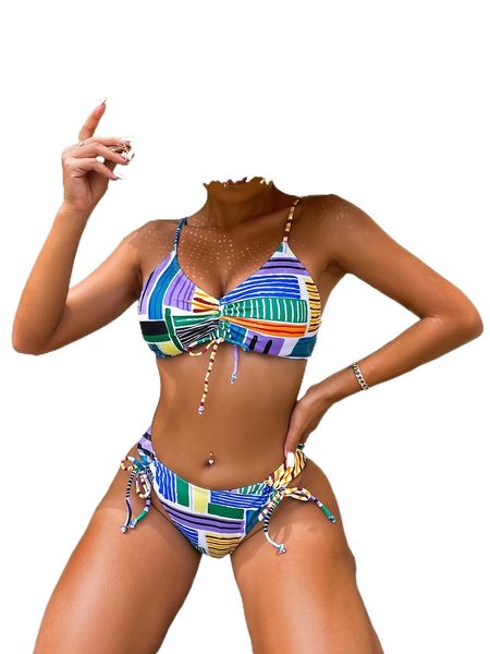 

striped drawstring bikini swimsuit b0b0#, White;black