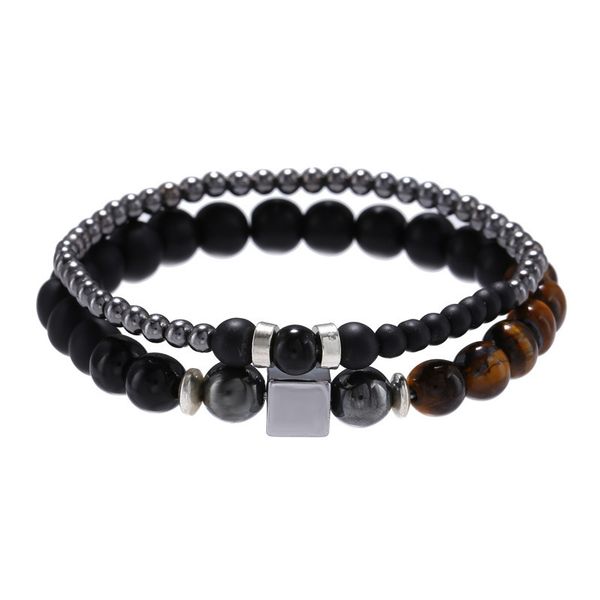 

natural stone strands beaded male charm bracelets handmade elastic jewelry set for men fashion accessories, Black